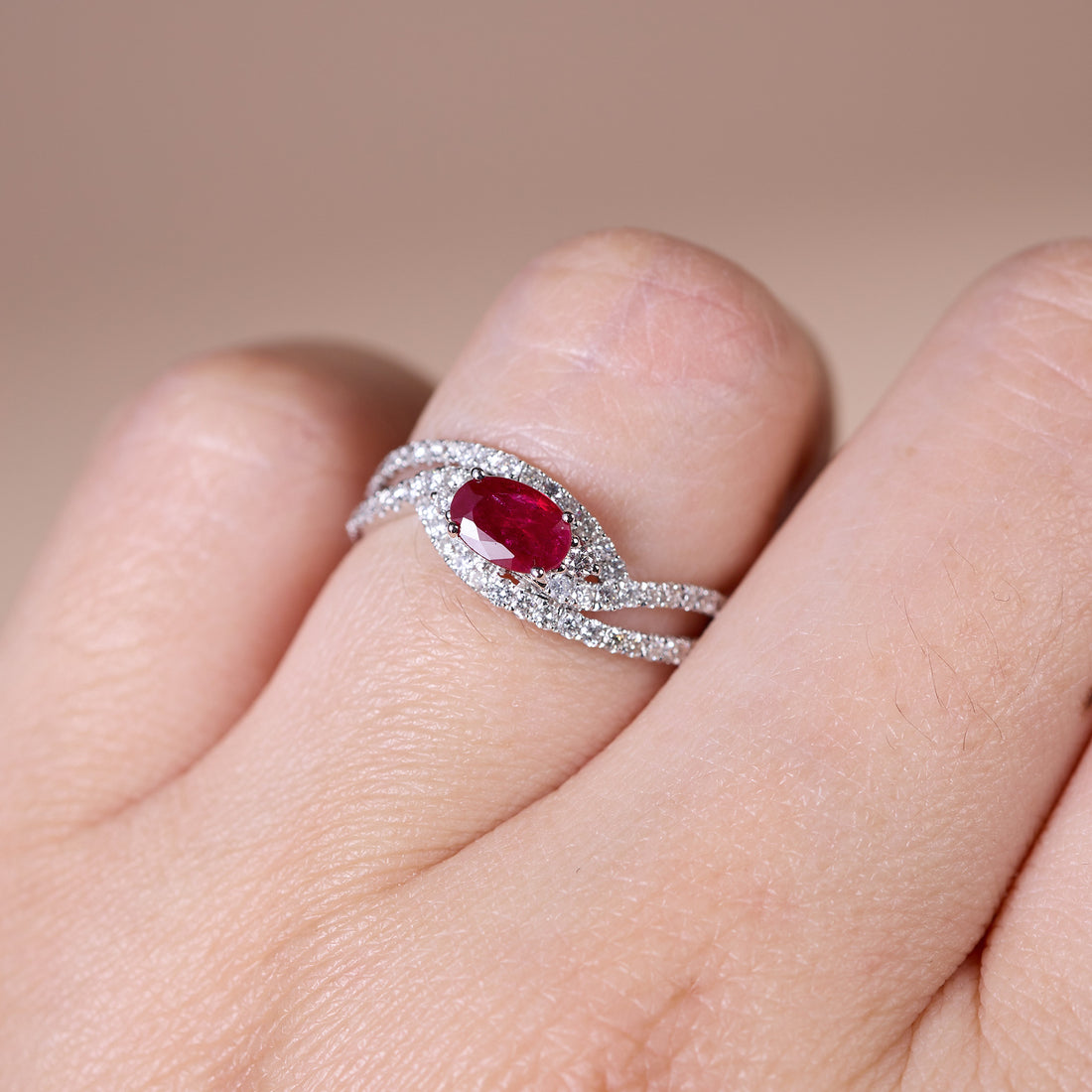 0.55ct Natural Ruby and Diamond Pave Crossover Ring in 18K White Gold - JewelryAndStore