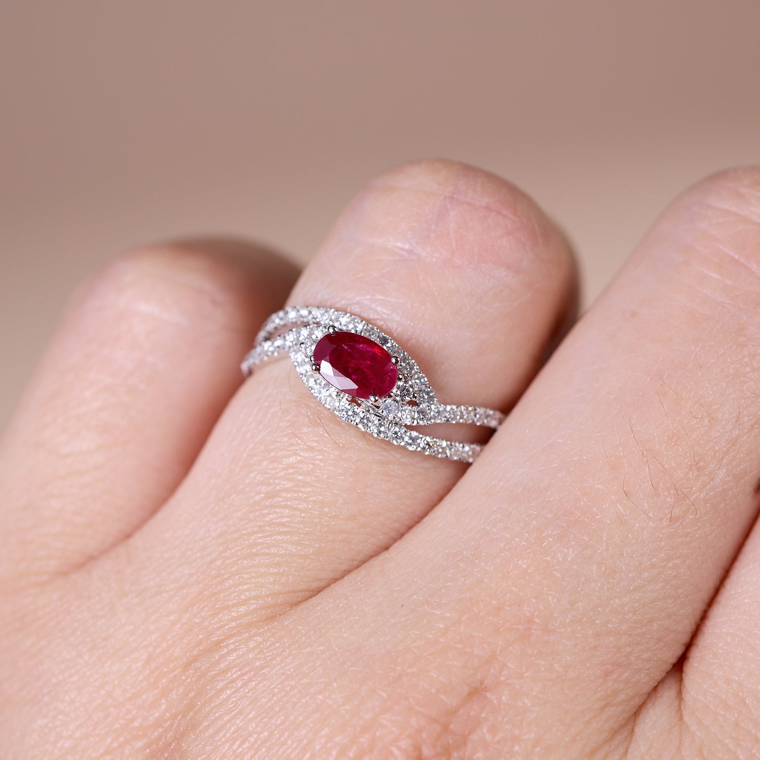 0.55ct Natural Ruby and Diamond Pave Crossover Ring in 18K White Gold - JewelryAndStore