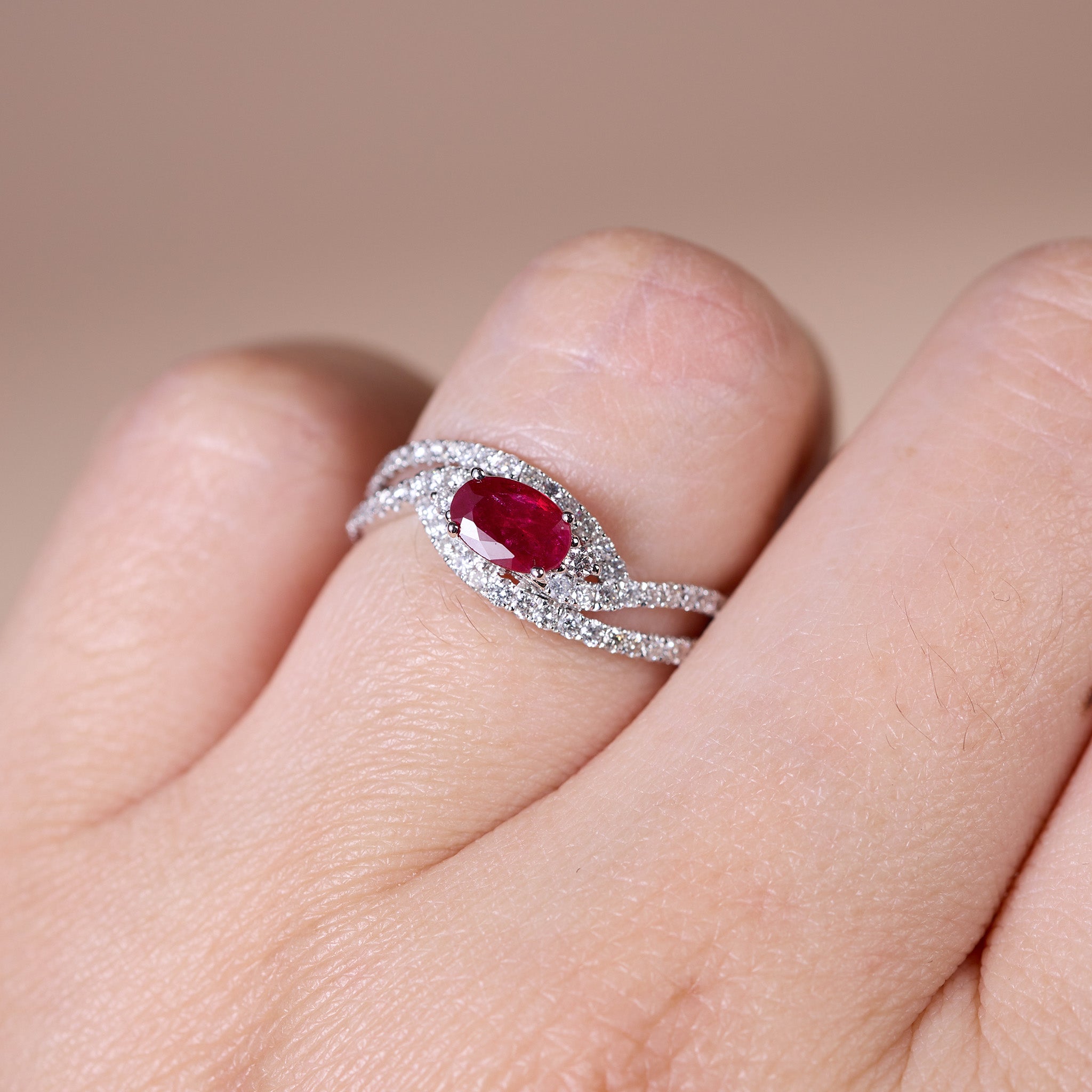 0.55ct Natural Ruby and Diamond Pave Crossover Ring in 18K White Gold - JewelryAndStore