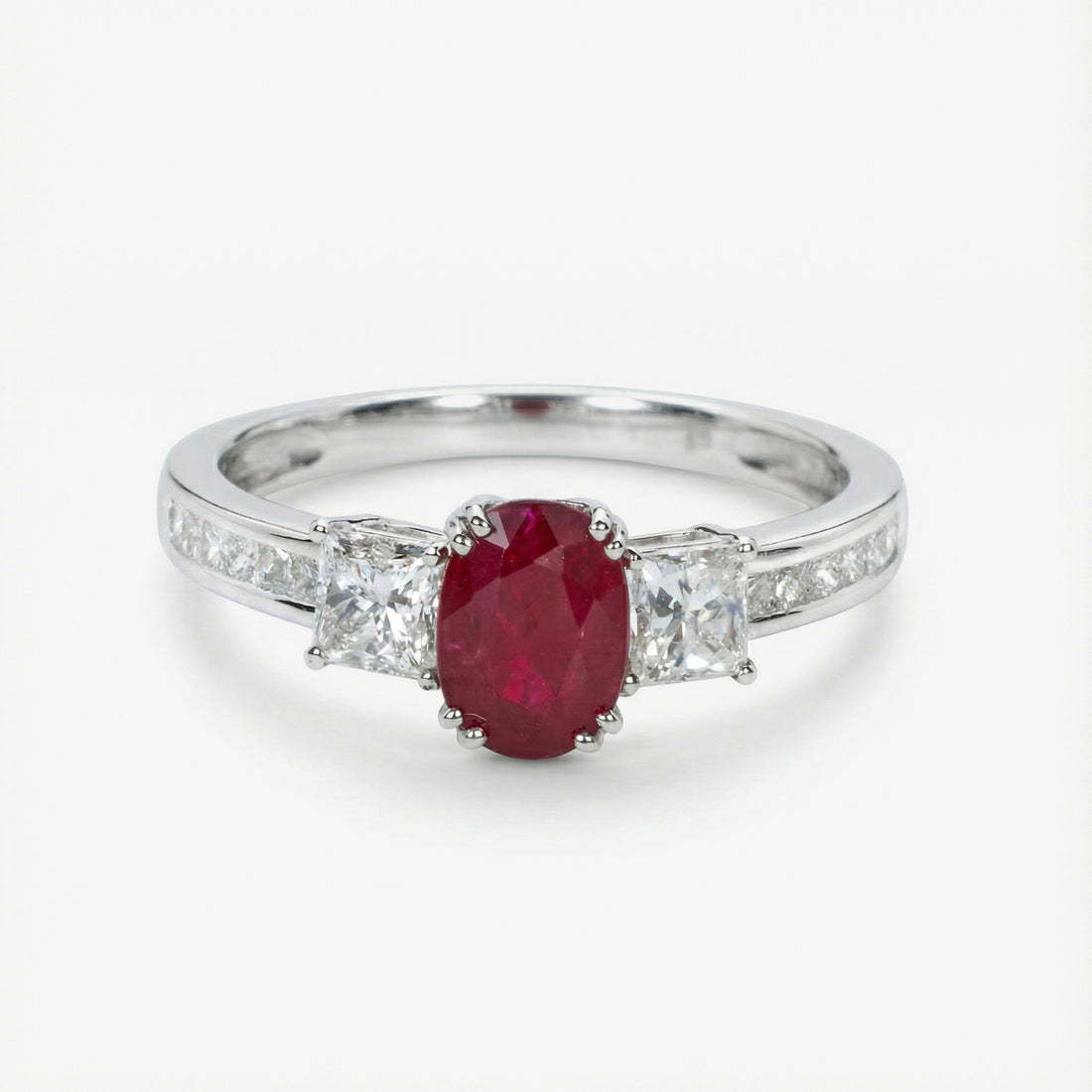 1.15ct Natural Ruby and Diamond Three-Stone Ring in 18K White Gold