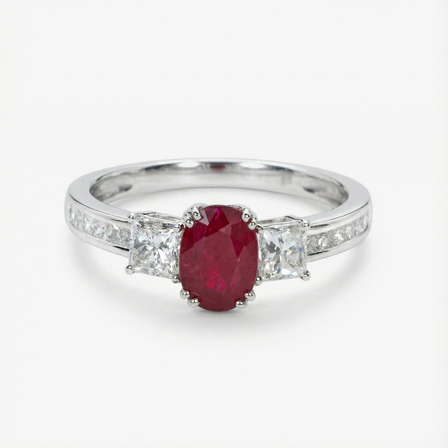 1.15ct Natural Ruby and Diamond Three - Stone Ring in 18K White Gold - JewelryAndStore