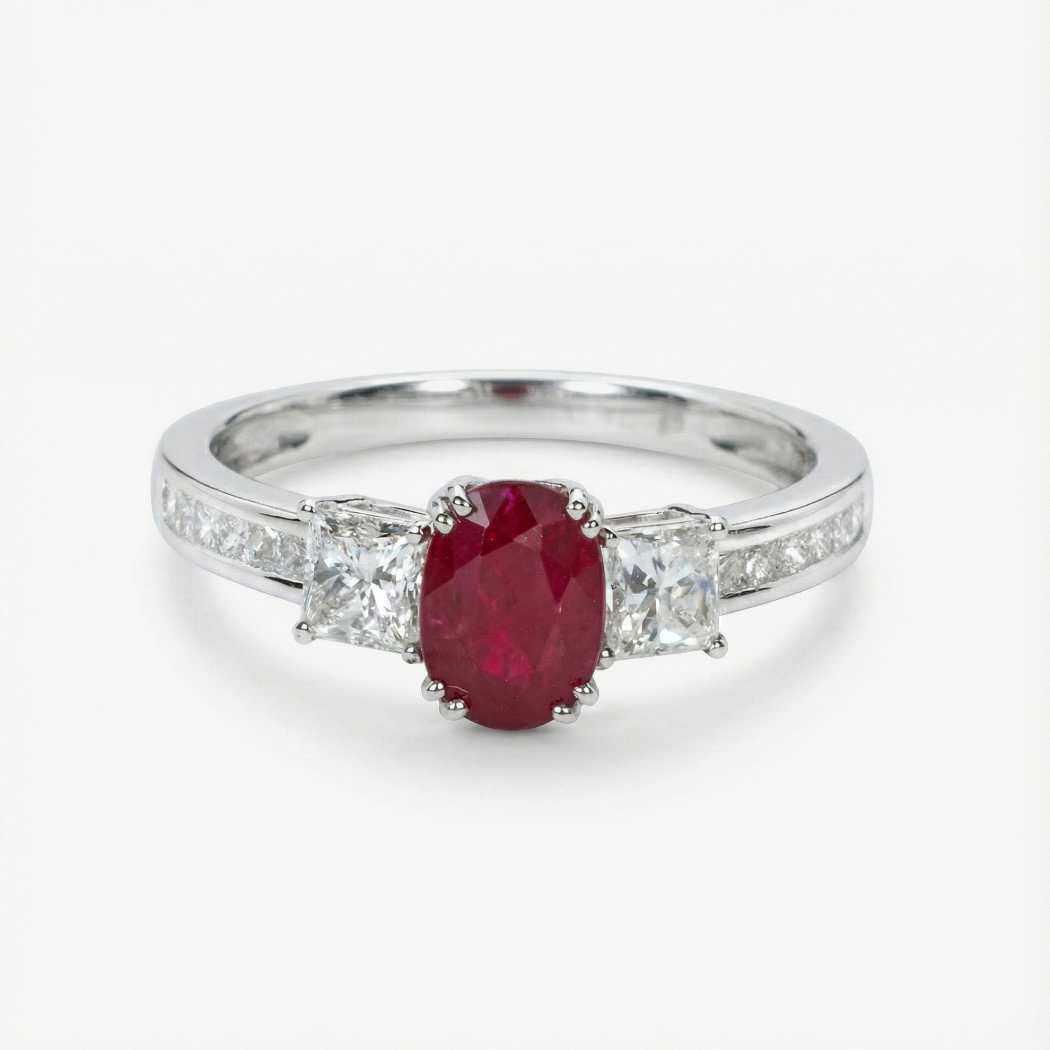 1.15ct Natural Ruby and Diamond Three - Stone Ring in 18K White Gold - JewelryAndStore