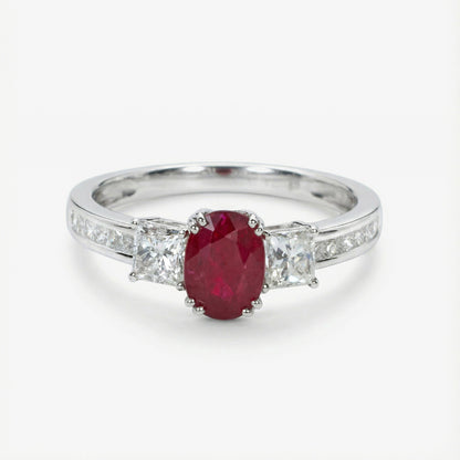 1.15ct Natural Ruby and Diamond Three - Stone Ring in 18K White Gold - JewelryAndStore