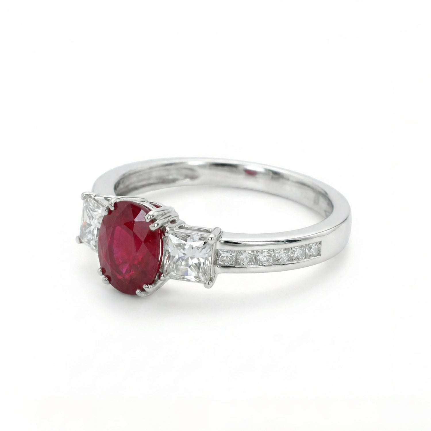 1.15ct Natural Ruby and Diamond Three - Stone Ring in 18K White Gold - JewelryAndStore