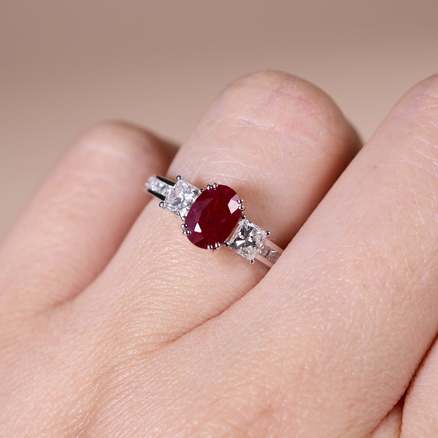 1.15ct Natural Ruby and Diamond Three - Stone Ring in 18K White Gold - JewelryAndStore