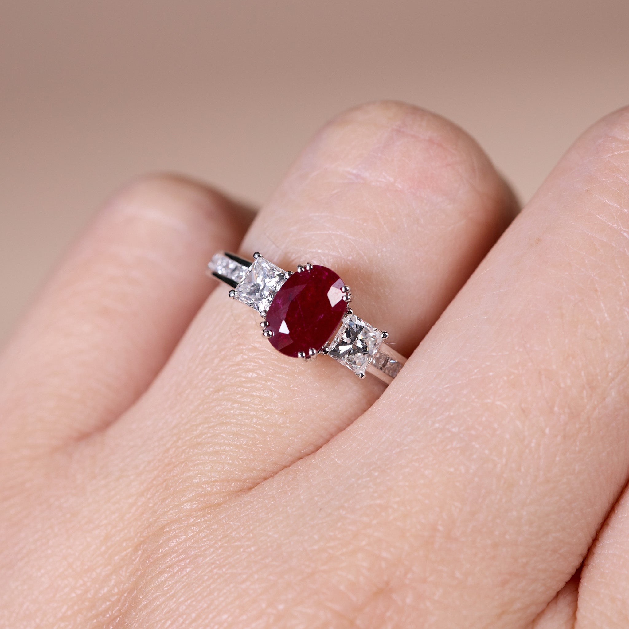 1.15ct Natural Ruby and Diamond Three - Stone Ring in 18K White Gold - JewelryAndStore