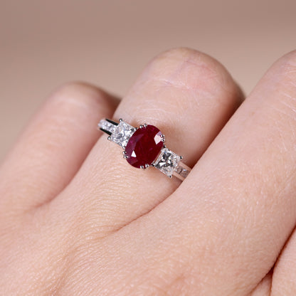 1.15ct Natural Ruby and Diamond Three - Stone Ring in 18K White Gold - JewelryAndStore