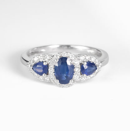 1.03ct.tw. Blue Sapphire and Diamond Three - Stone Ring in 18K Gold - JewelryAndStore