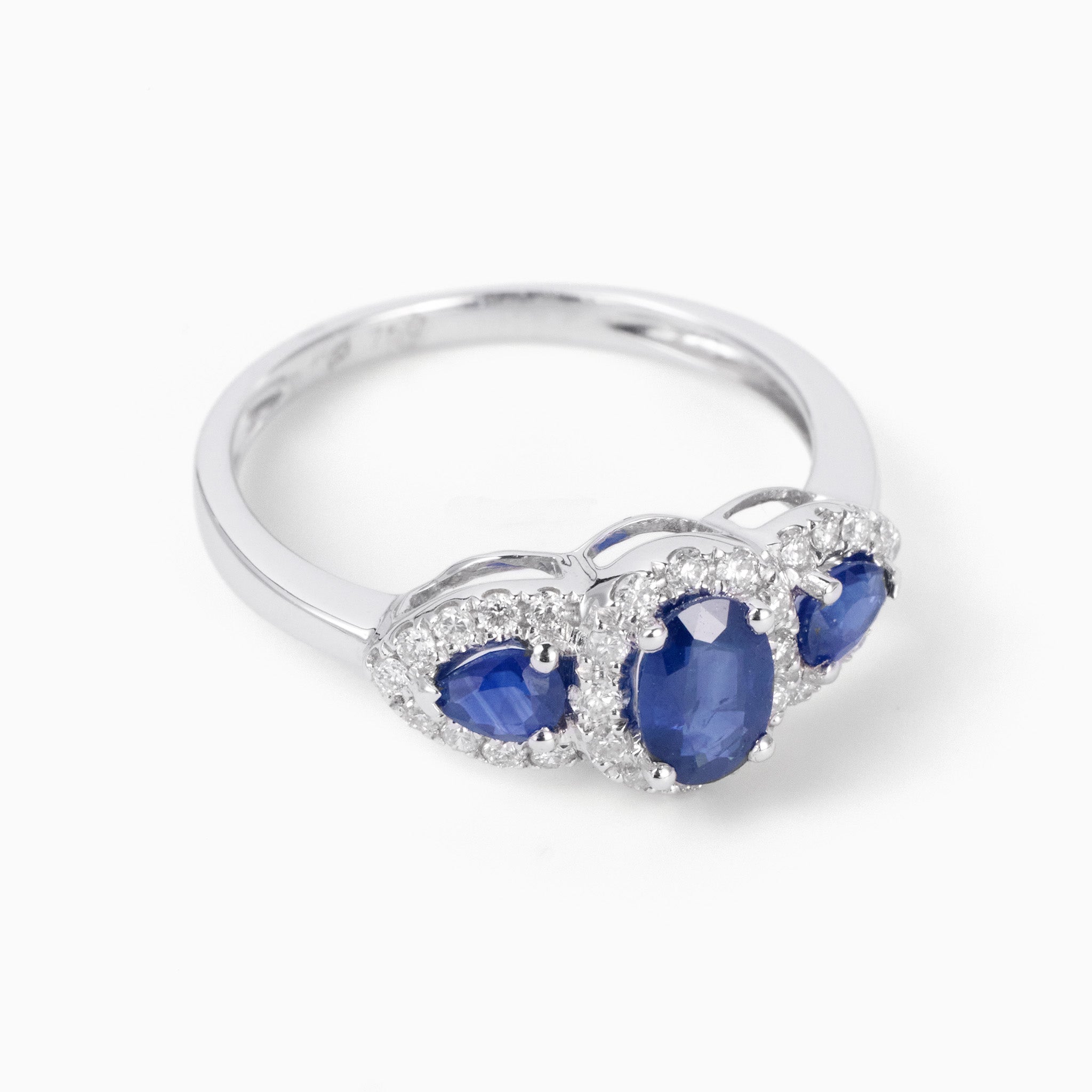 1.03ct.tw. Blue Sapphire and Diamond Three - Stone Ring in 18K Gold - JewelryAndStore