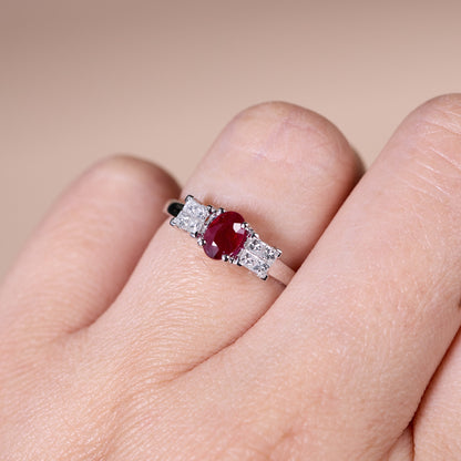 0.62ct Natural Ruby and Princess Cut Diamond Ring in 18K White Gold - JewelryAndStore