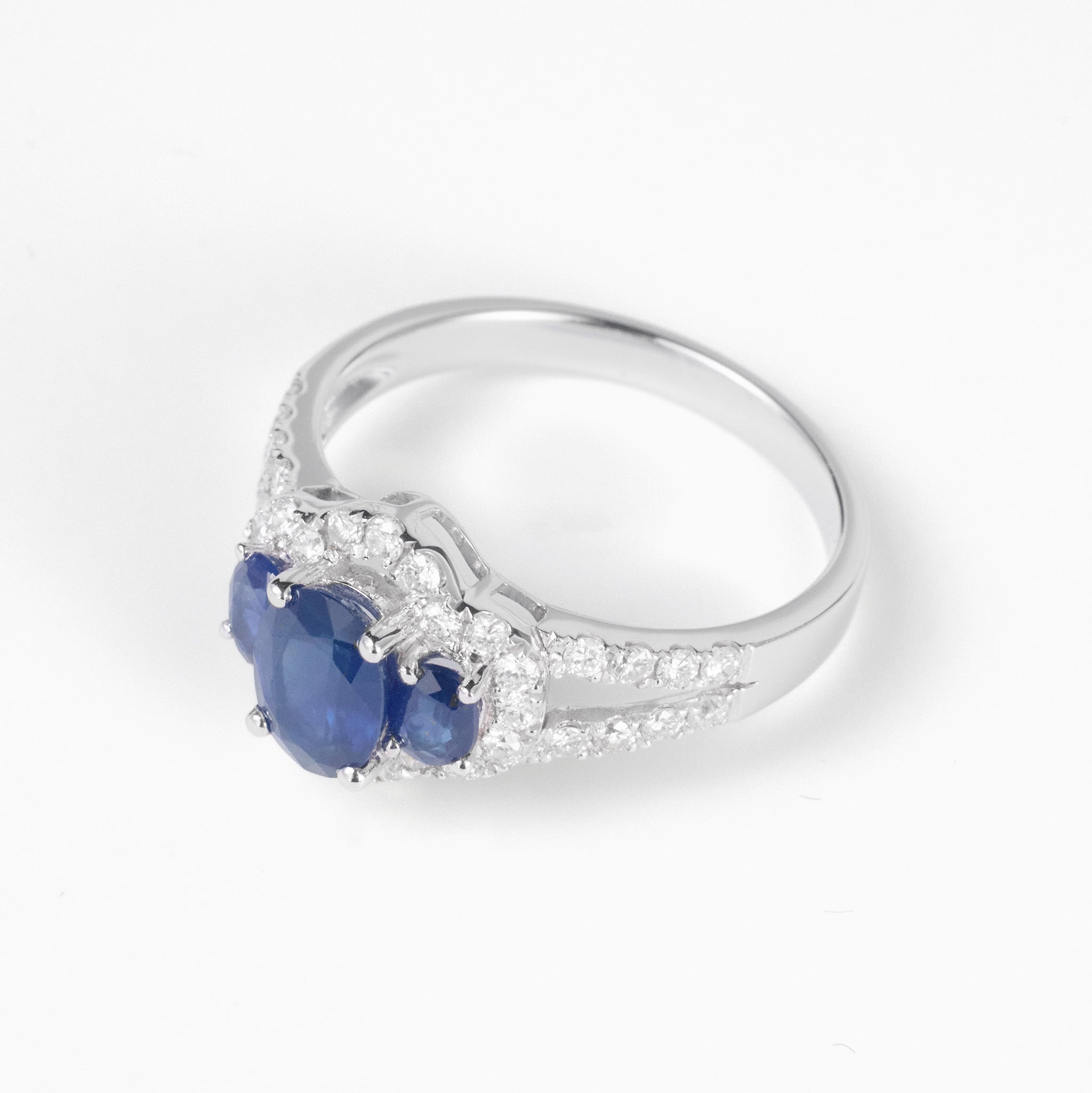 1.44ct. Natural Blue Sapphire Three - Stone Diamond Cluster Ring in 14K Gold - JewelryAndStore