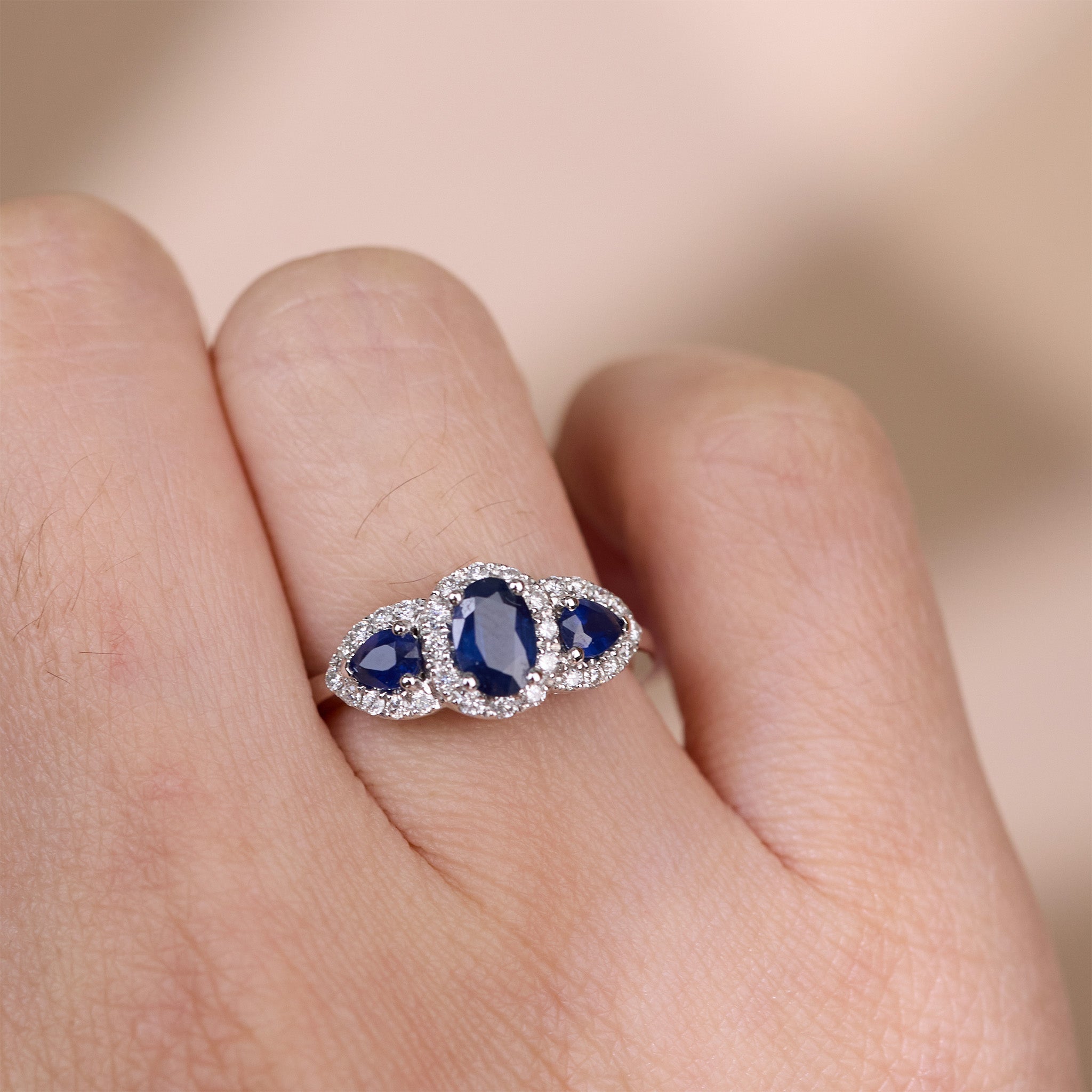 1.44ct. Natural Blue Sapphire Three - Stone Diamond Cluster Ring in 14K Gold - JewelryAndStore