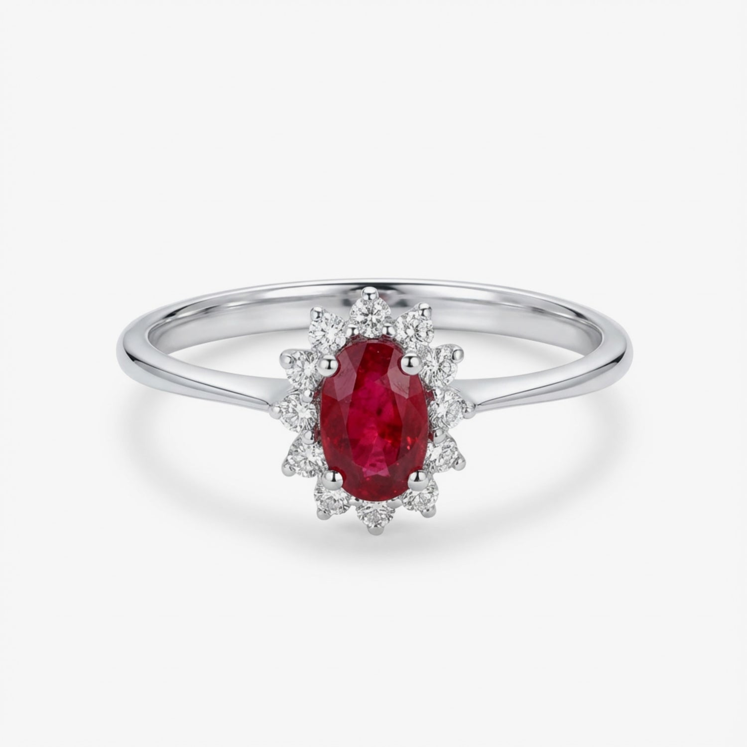 0.63ct Natural Ruby and Diamond Cluster Solitaire Ring in 18K White Gold - JewelryAndStore