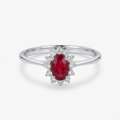 0.63ct Natural Ruby and Diamond Cluster Solitaire Ring in 18K White Gold - JewelryAndStore