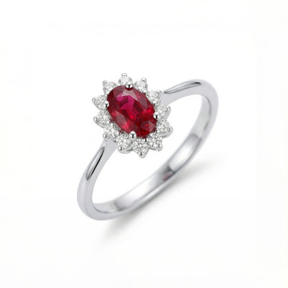 0.63ct Natural Ruby and Diamond Cluster Solitaire Ring in 18K White Gold - JewelryAndStore