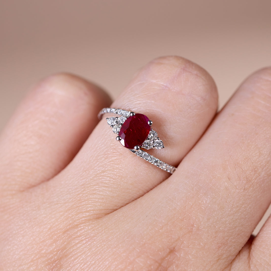 0.93ct Natural Ruby and Diamond Bypass Swirl Ring in 18K White Gold - JewelryAndStore