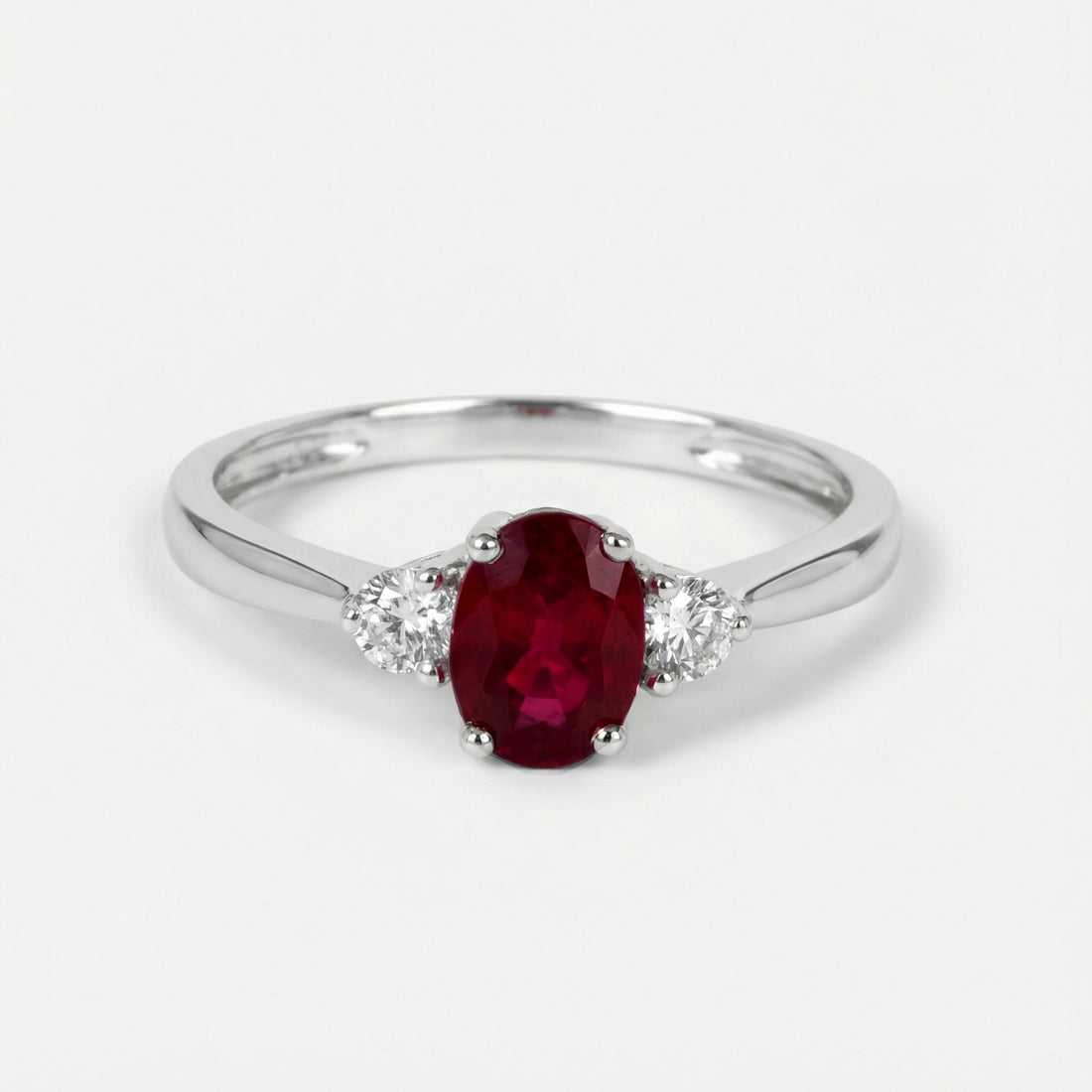 1.00ct Natural Ruby and Diamond Three-Stone Solitaire Ring in 18K White Gold from Jewelryandstore