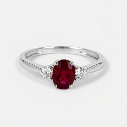 1.00ct Natural Ruby and Diamond Three - Stone Solitaire Ring in 18K White Gold - JewelryAndStore