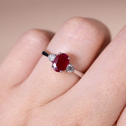 1.00ct Natural Ruby and Diamond Three - Stone Solitaire Ring in 18K White Gold - JewelryAndStore