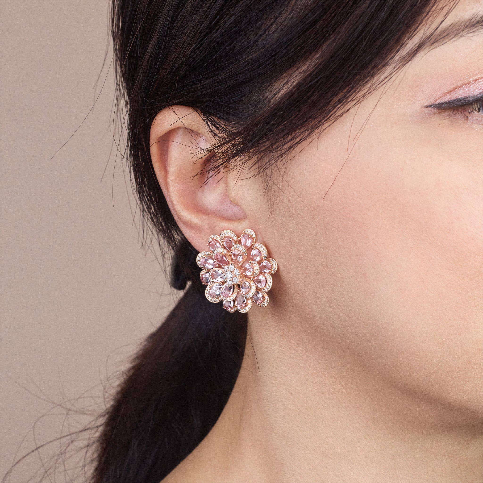 18K Rose Gold Cherry Blossom Earrings with Natural Diamonds &amp; Pink Sapphires - Jewelry And Store