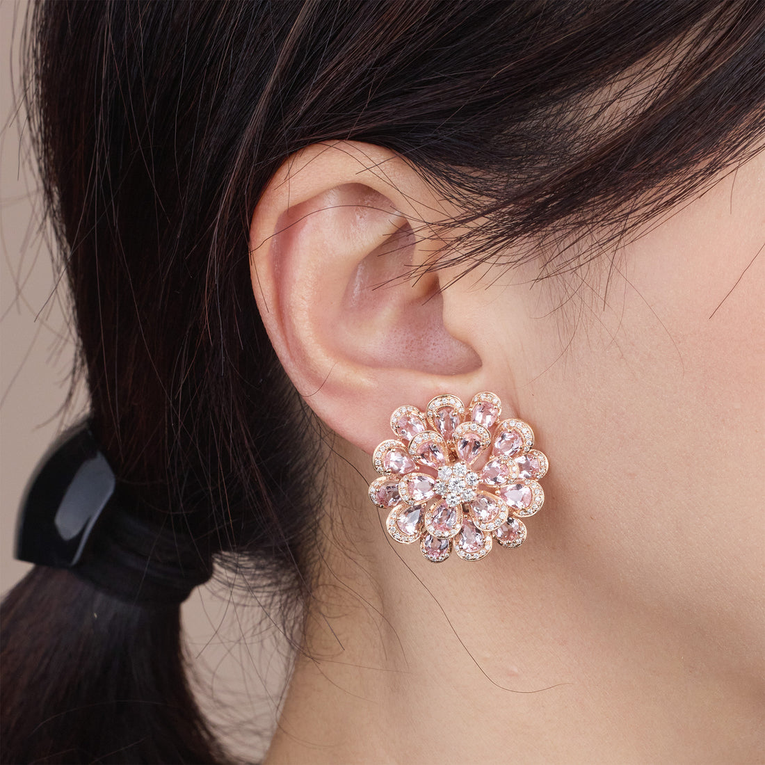 18K Rose Gold Cherry Blossom Earrings with Natural Diamonds &amp; Pink Sapphires - Jewelry And Store