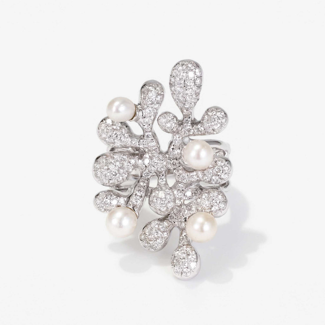 Natural Diamond and Freshwater Pearl Coral Ring in 18K Gold - JewelryAndStore