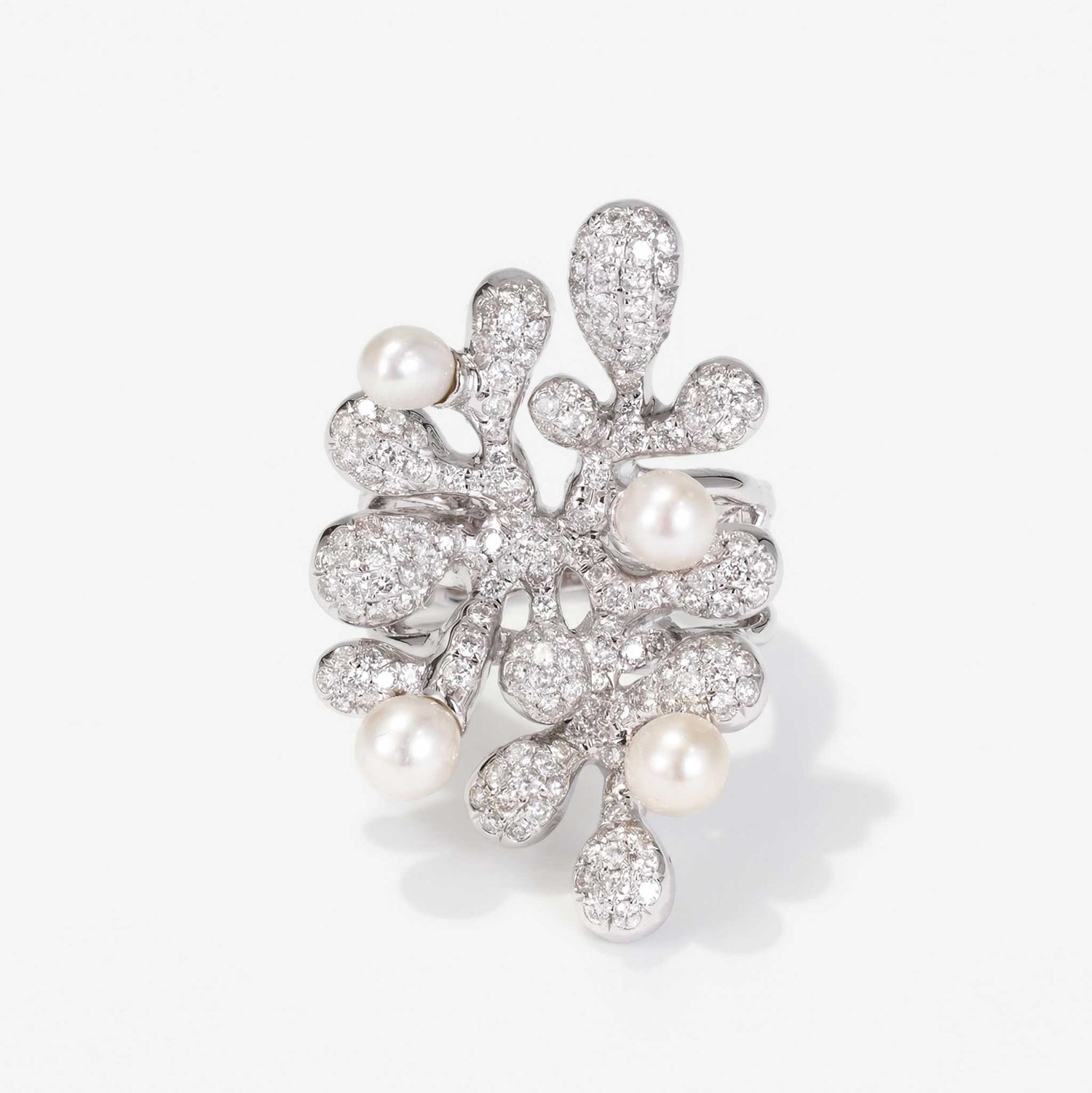 Natural Diamond &amp; Freshwater Pearl Coral Ring 18K Gold - JewelryandStore