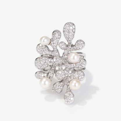 Natural Diamond &amp; Freshwater Pearl Coral Ring 18K Gold - JewelryandStore