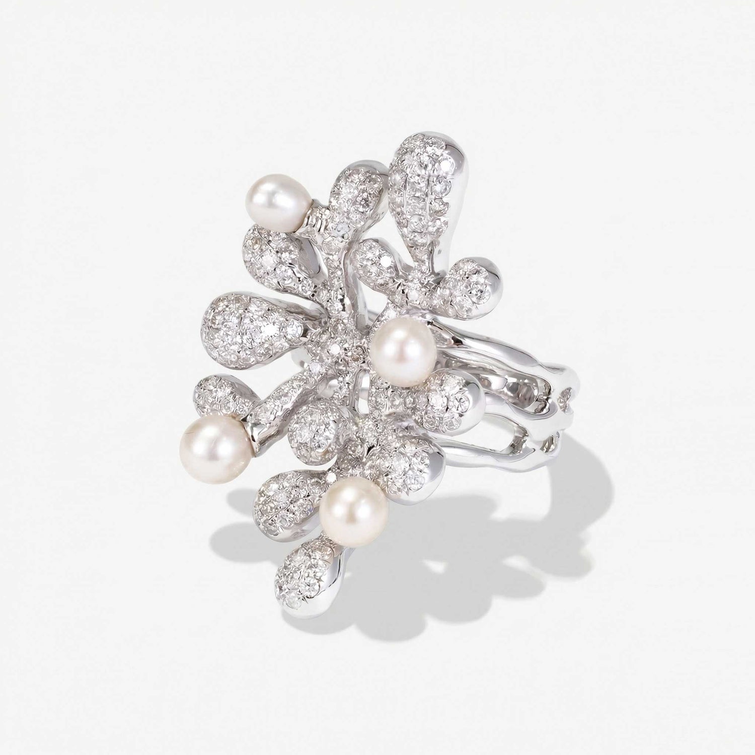 Natural Diamond &amp; Freshwater Pearl Coral Ring 18K Gold - JewelryandStore