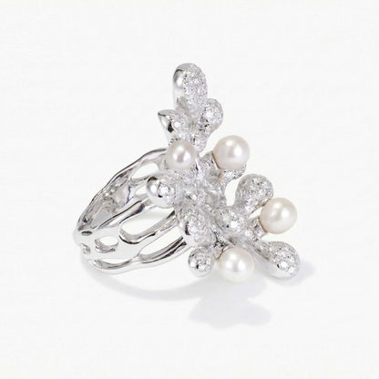 Natural Diamond &amp; Freshwater Pearl Coral Ring 18K Gold - JewelryandStore