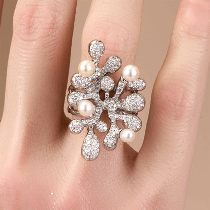 Natural Diamond &amp; Freshwater Pearl Coral Ring 18K Gold - JewelryandStore