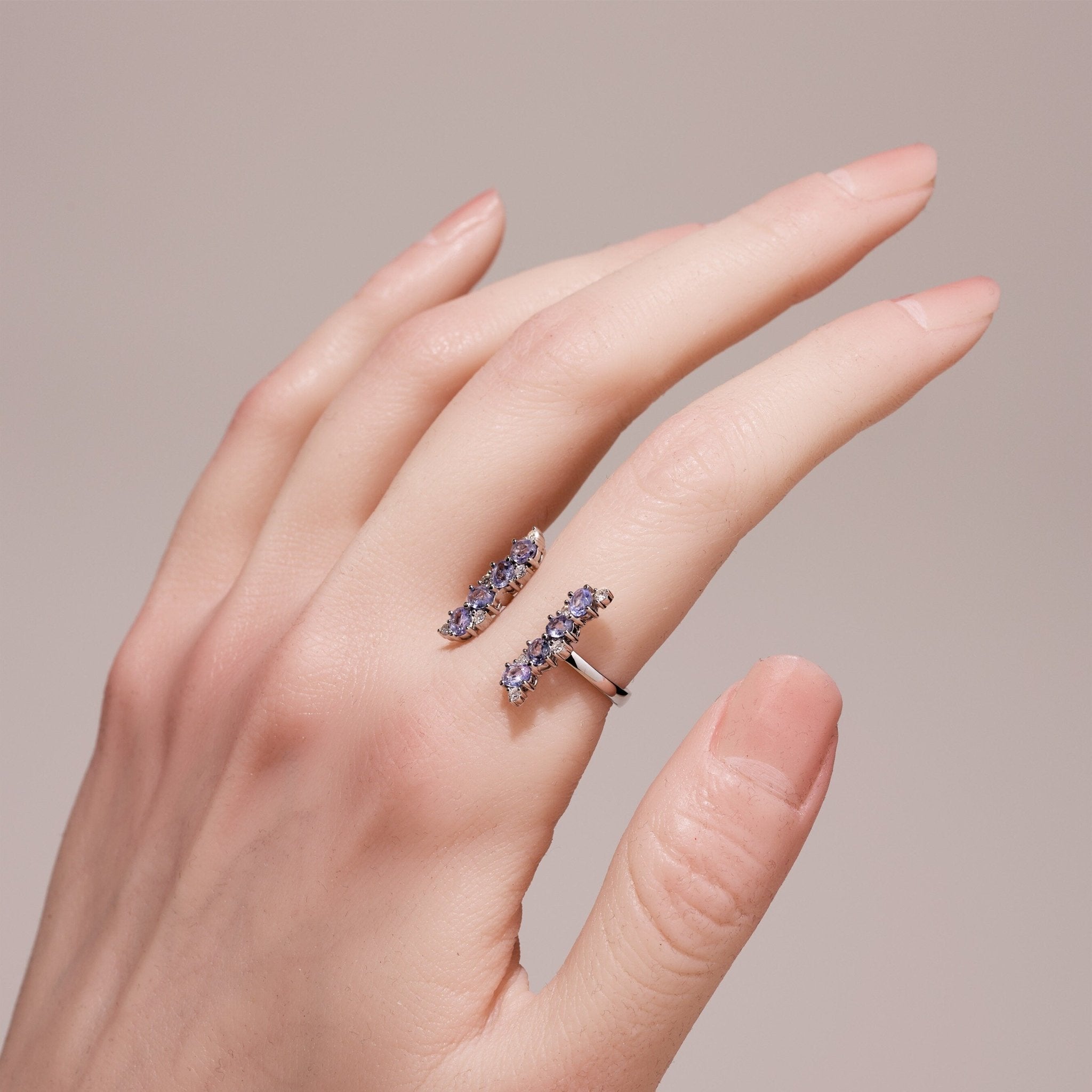 18K Gold Open Ring with Nature Tanzanite and Diamond - Jewelry And Store