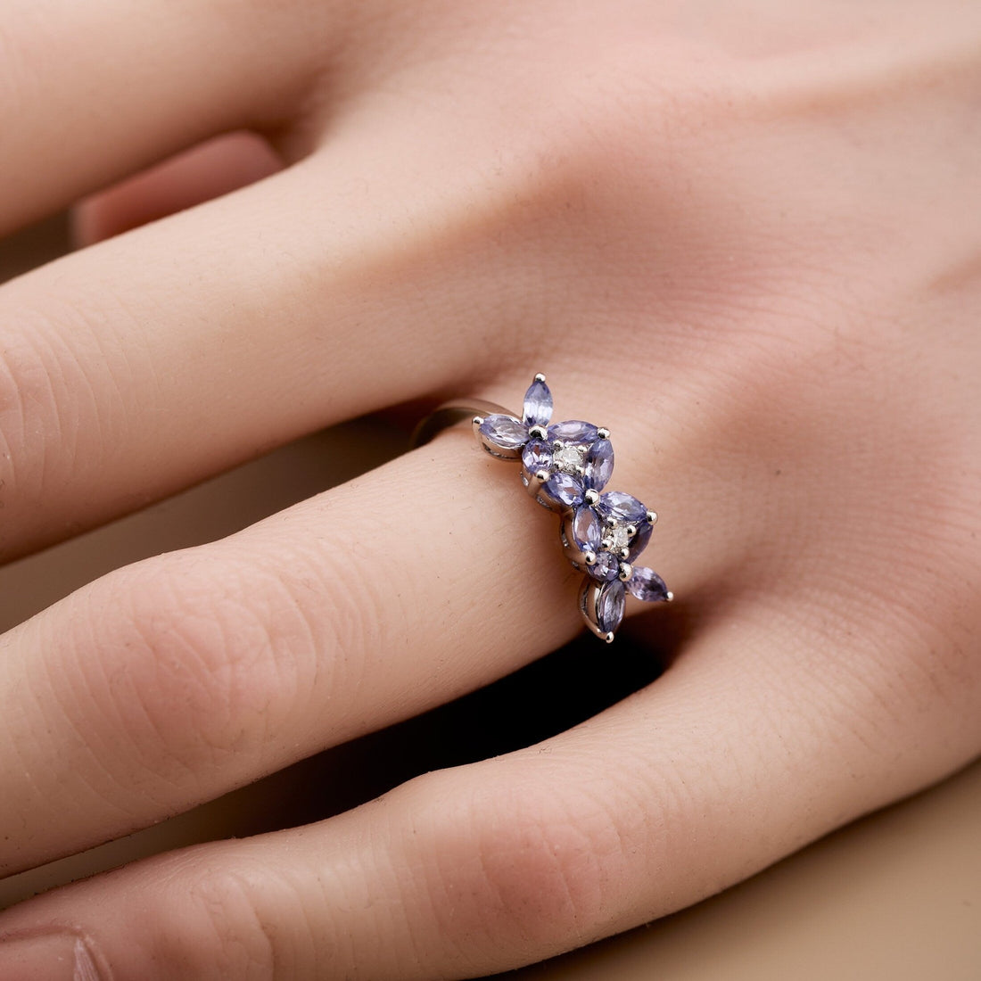 18K Gold Flowers Ring with Nature  Marquise Tanzanite and Diamond