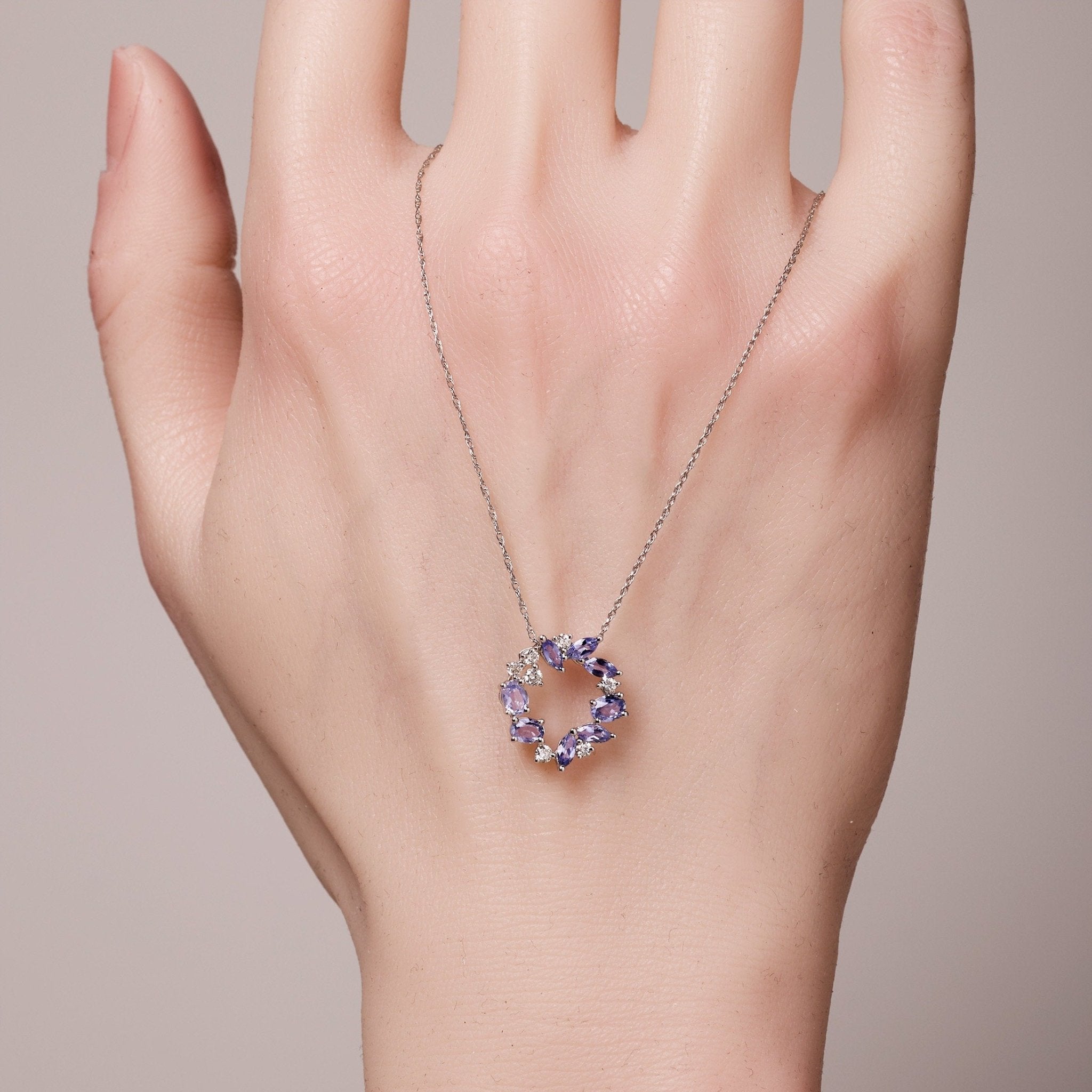 18K White Gold Petite Flower Pendant with Nature Tanzanite and Diamond - Jewelry And Store