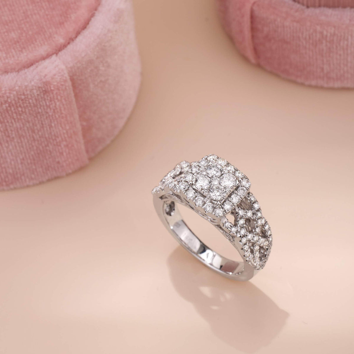 1.13 ct.tw. Vintage - styled Diamond Halo Ring in 14K Gold - Jewelry And Store