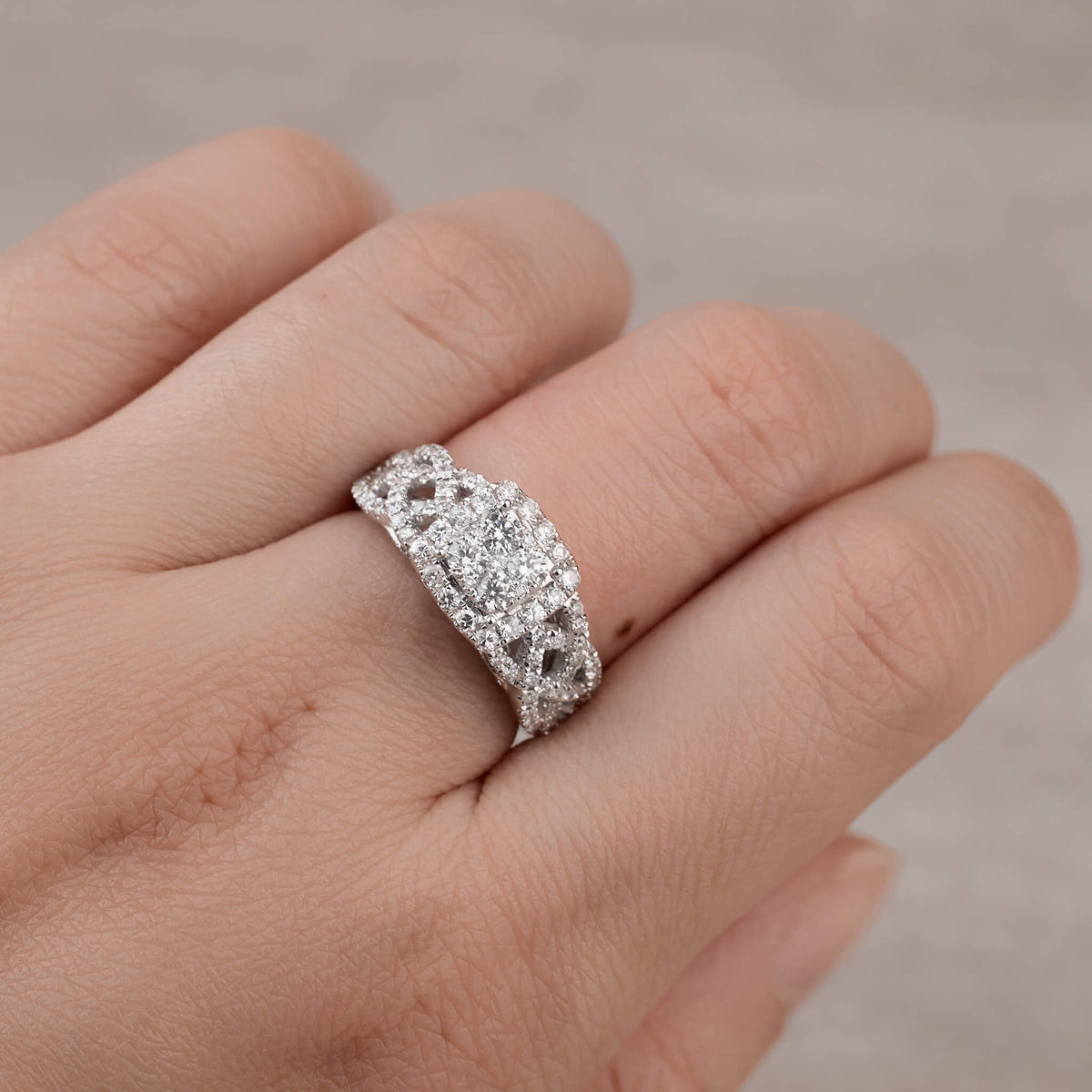 1.13 ct.tw. Vintage - styled Diamond Halo Ring in 14K Gold - Jewelry And Store
