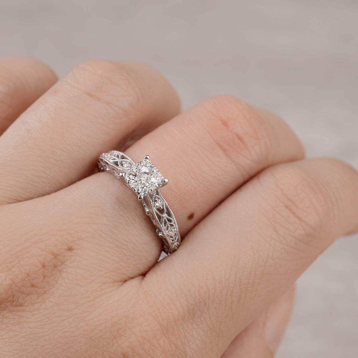 0.52 ct.tw. Vintage - styled Milgrain - Detailed Diamond Engagement Ring in 14K Gold - Jewelry And Store
