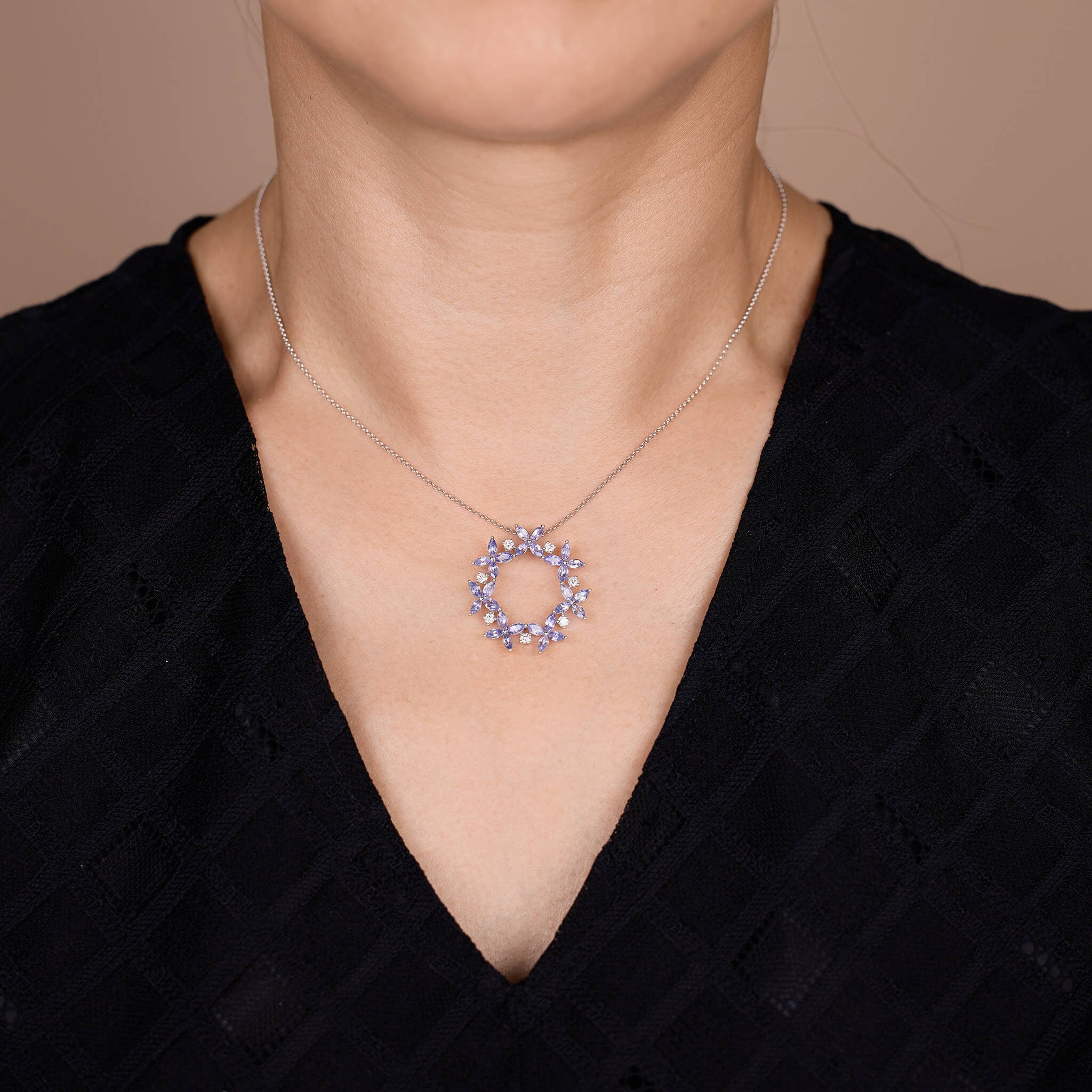 18K Gold Flower Pendant with Nature Tanzanite and Diamond - Jewelry And Store