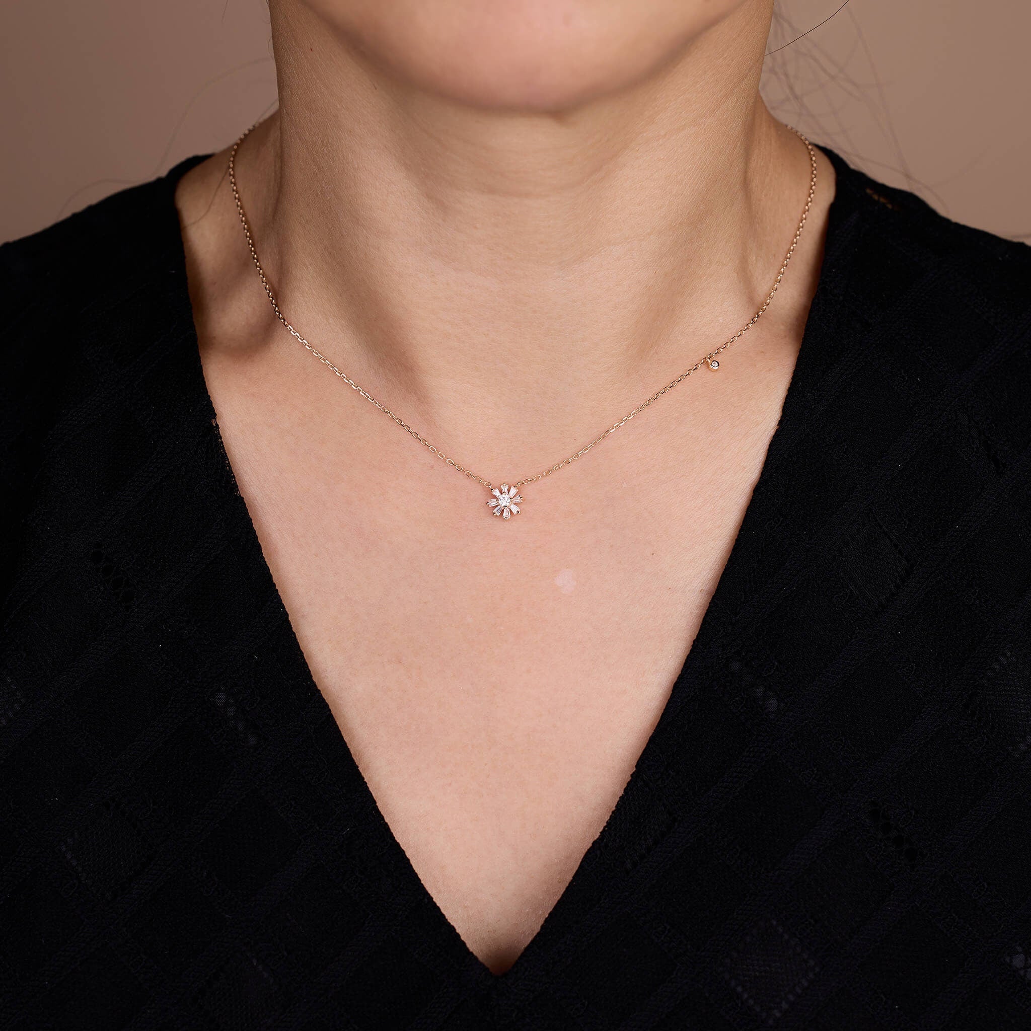 925 Silver Baguette CZ Diamond Flower Necklace