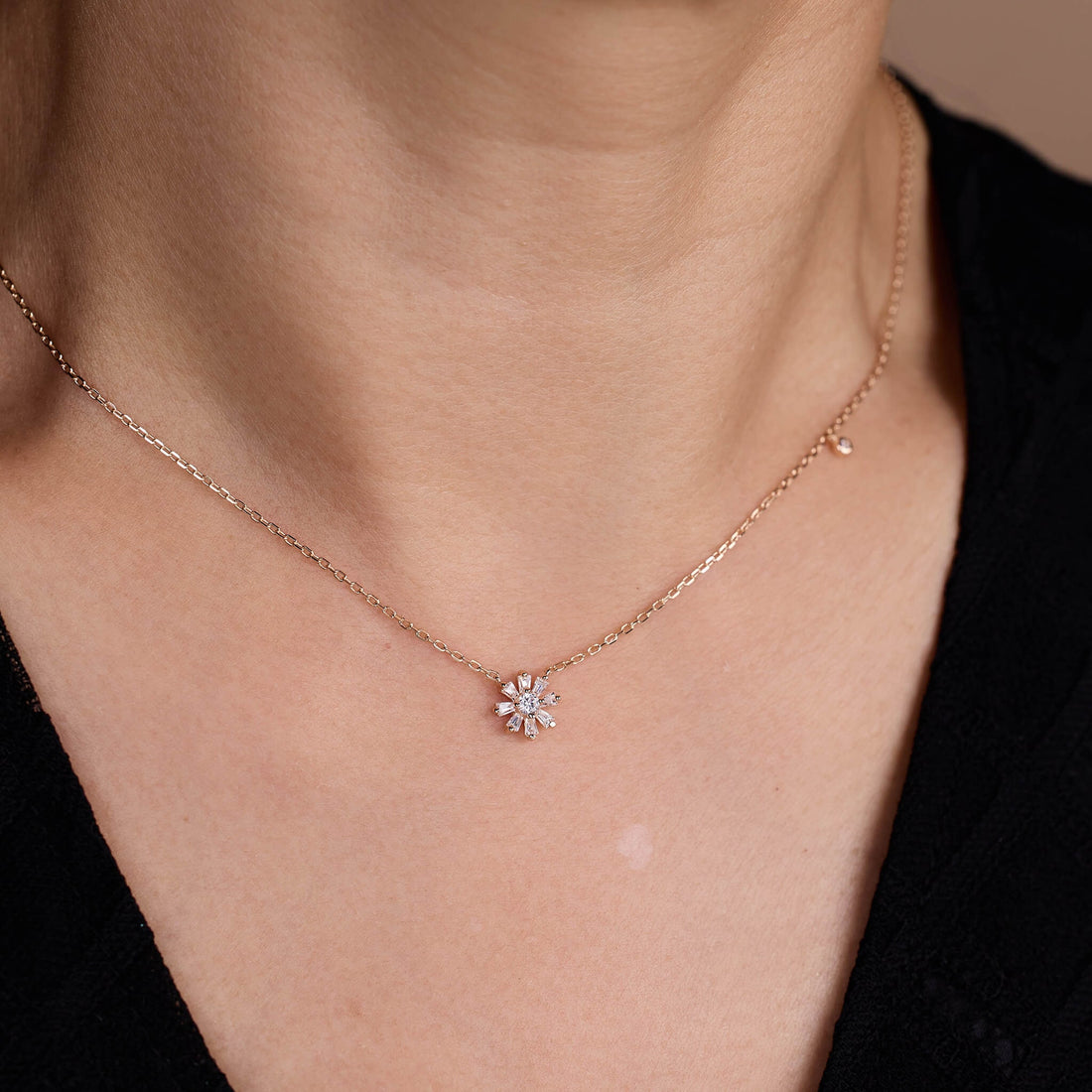 925 Silver Baguette CZ Diamond Flower Necklace - Jewelry And Store