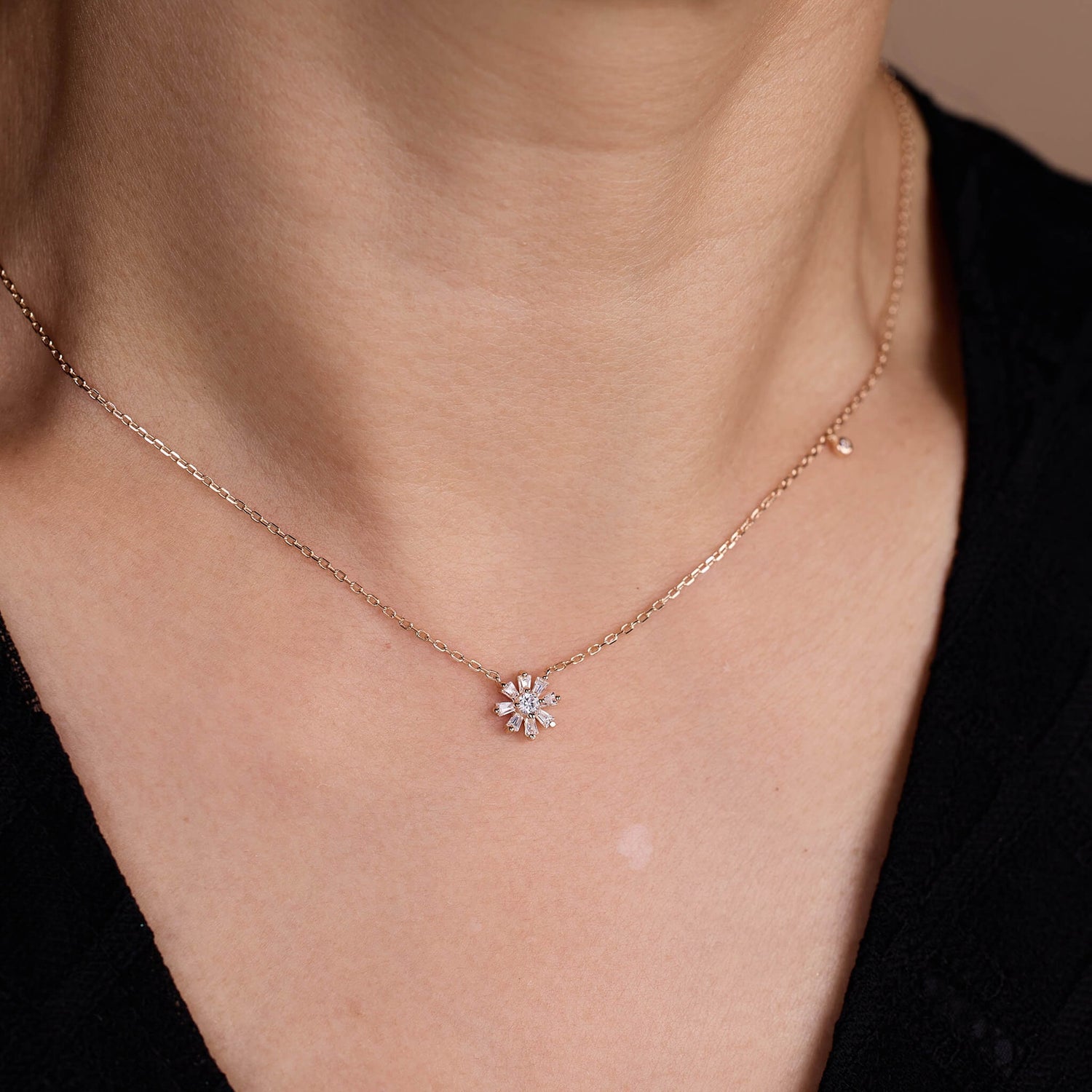 925 Silver Baguette CZ Diamond Flower Necklace
