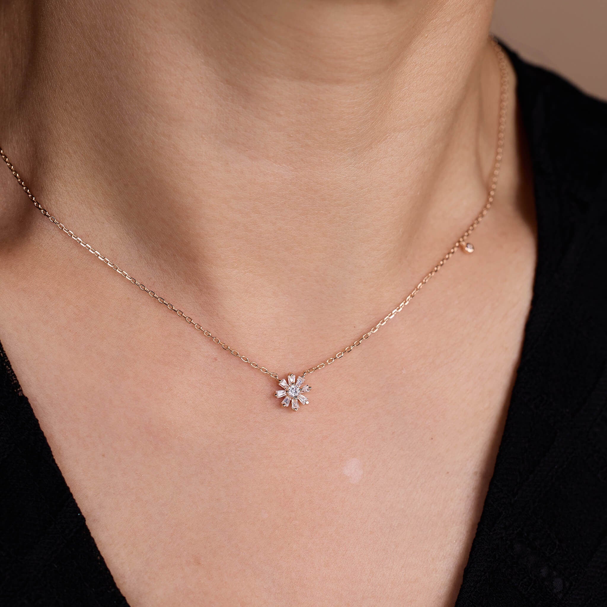 925 Silver Baguette CZ Diamond Flower Necklace