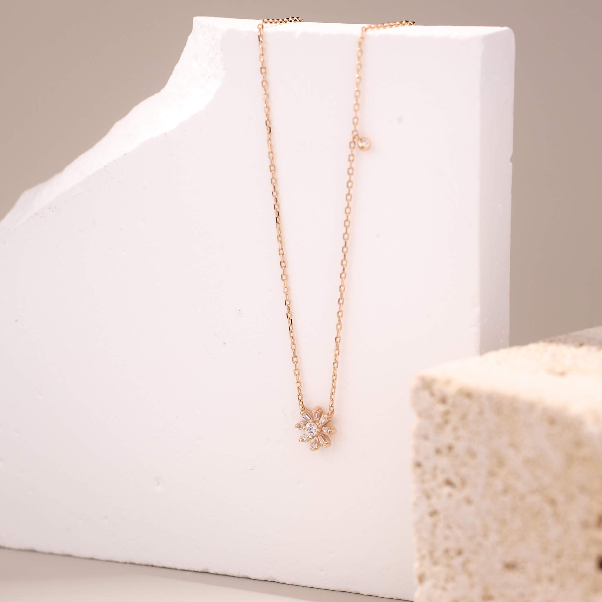 925 Silver Baguette CZ Diamond Flower Necklace