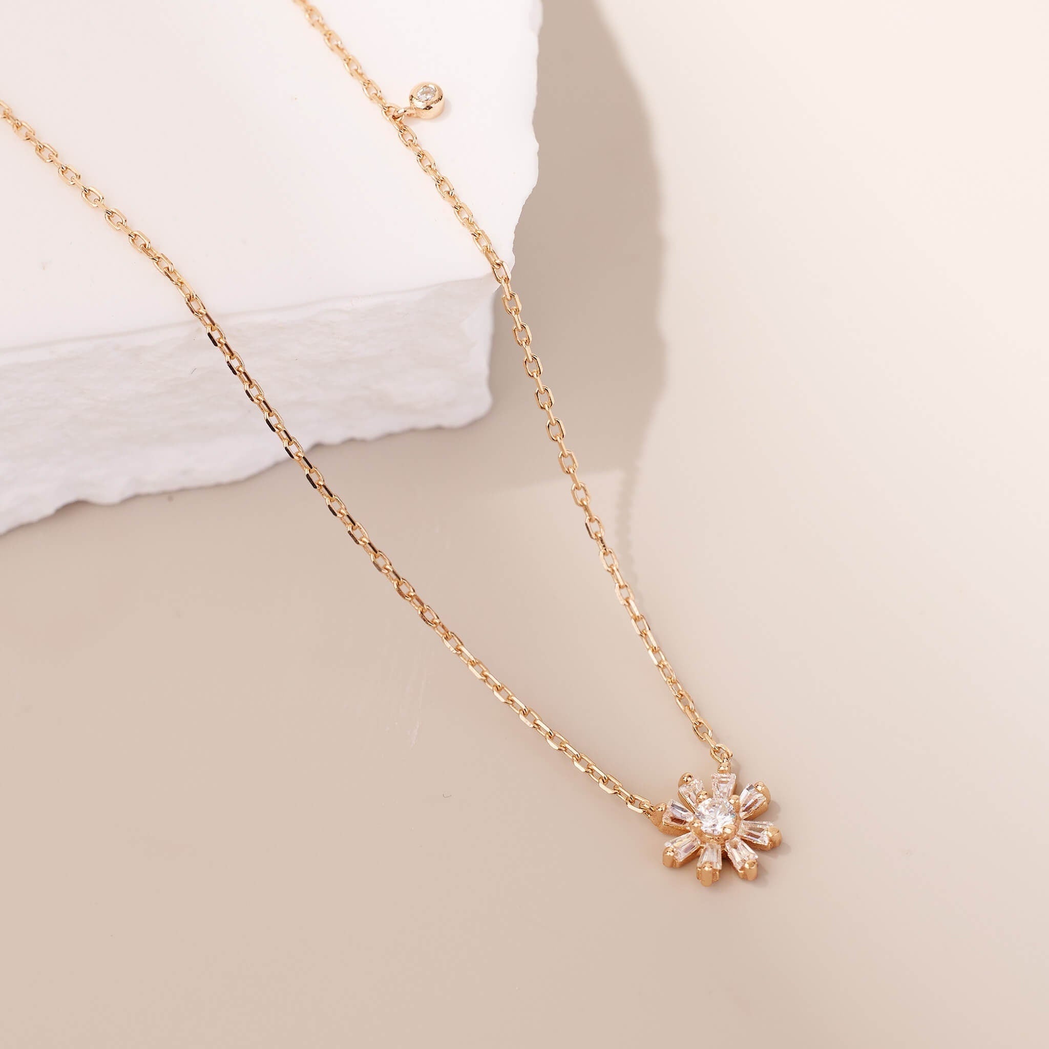 925 Silver Baguette CZ Diamond Flower Necklace