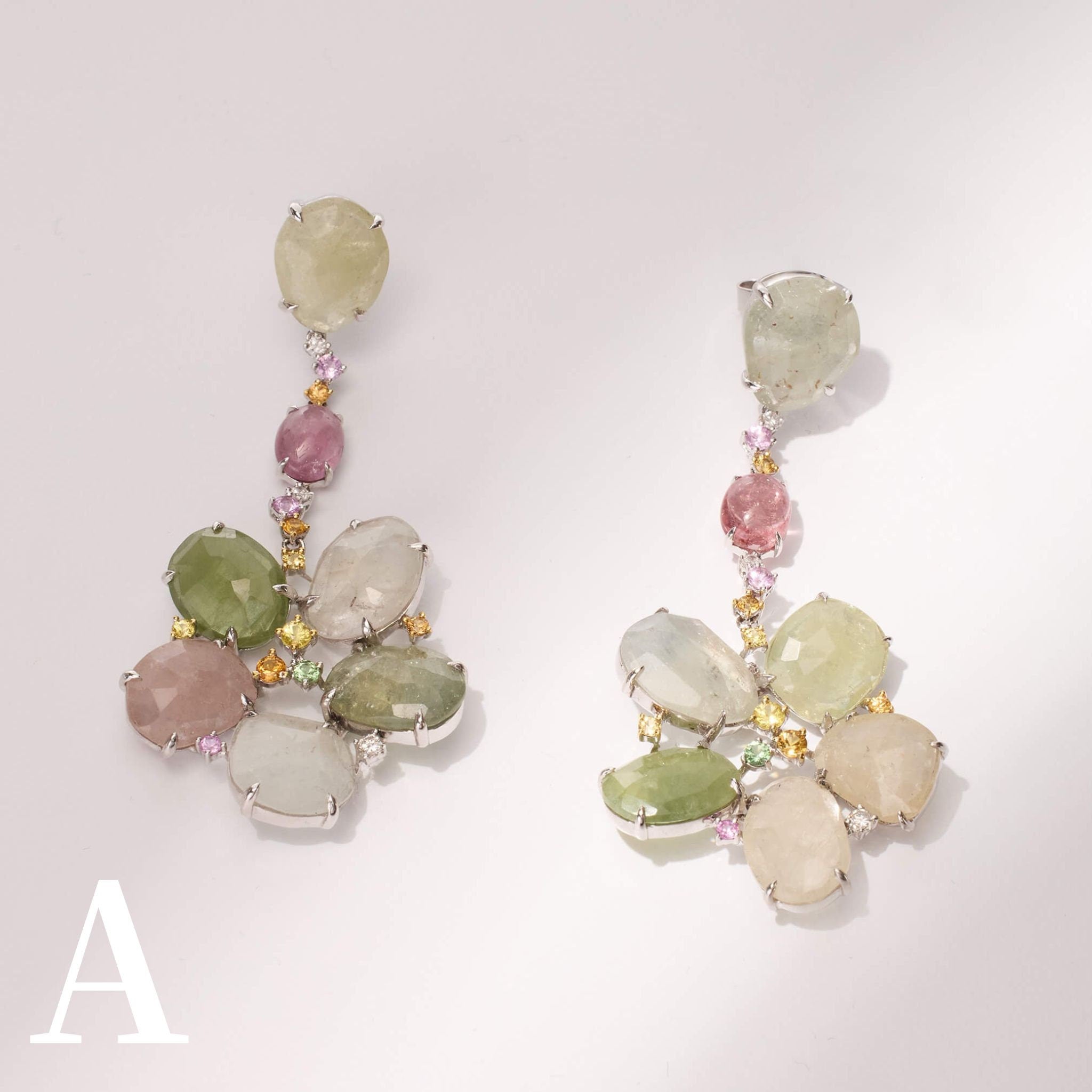 18K Gold Raw Sapphire, Tourmaline and Diamond Flower Drop Earrings