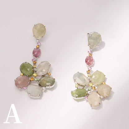 18K Gold Raw Sapphire, Tourmaline and Diamond Flower Drop Earrings