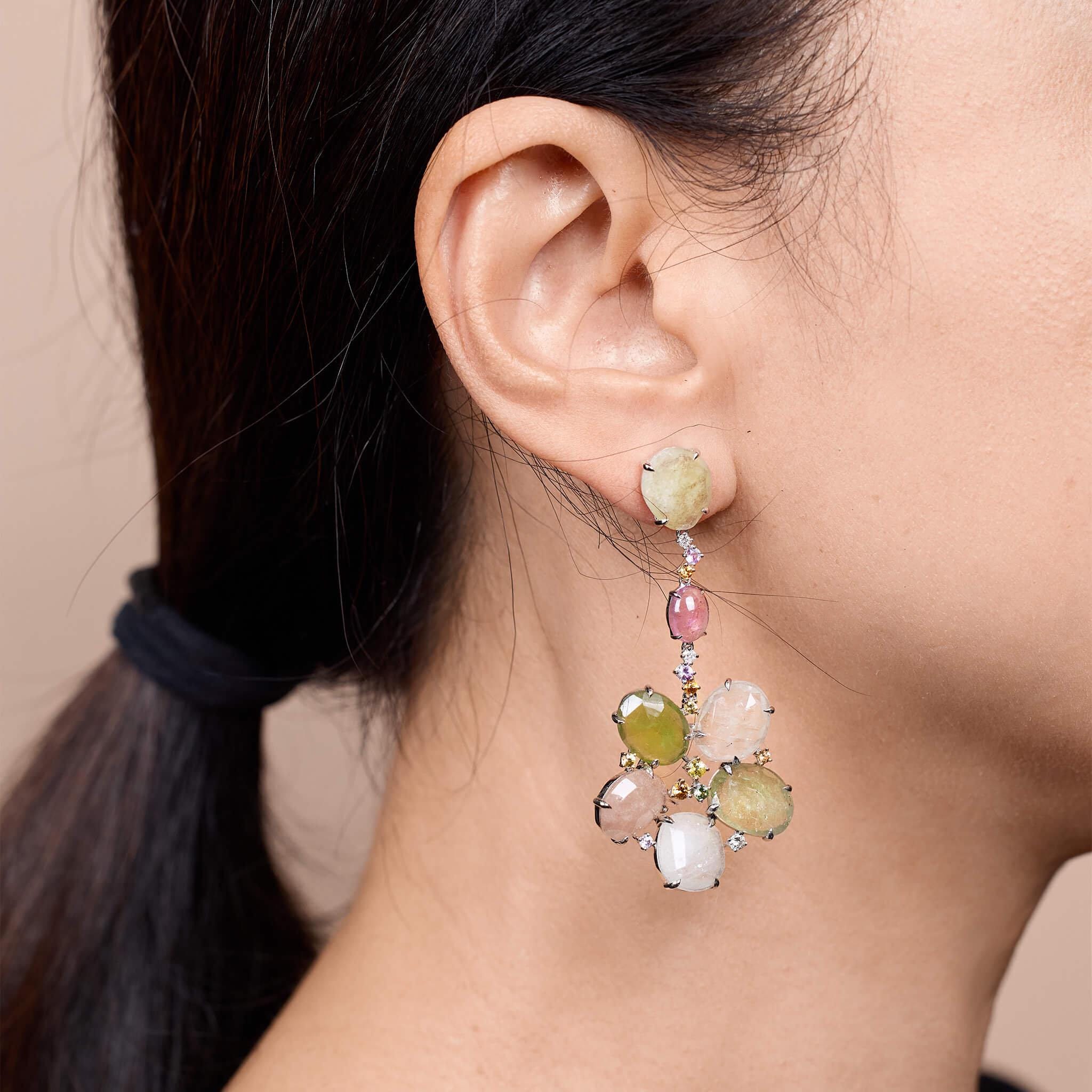 18K Gold Raw Sapphire, Tourmaline and Diamond Flower Drop Earrings