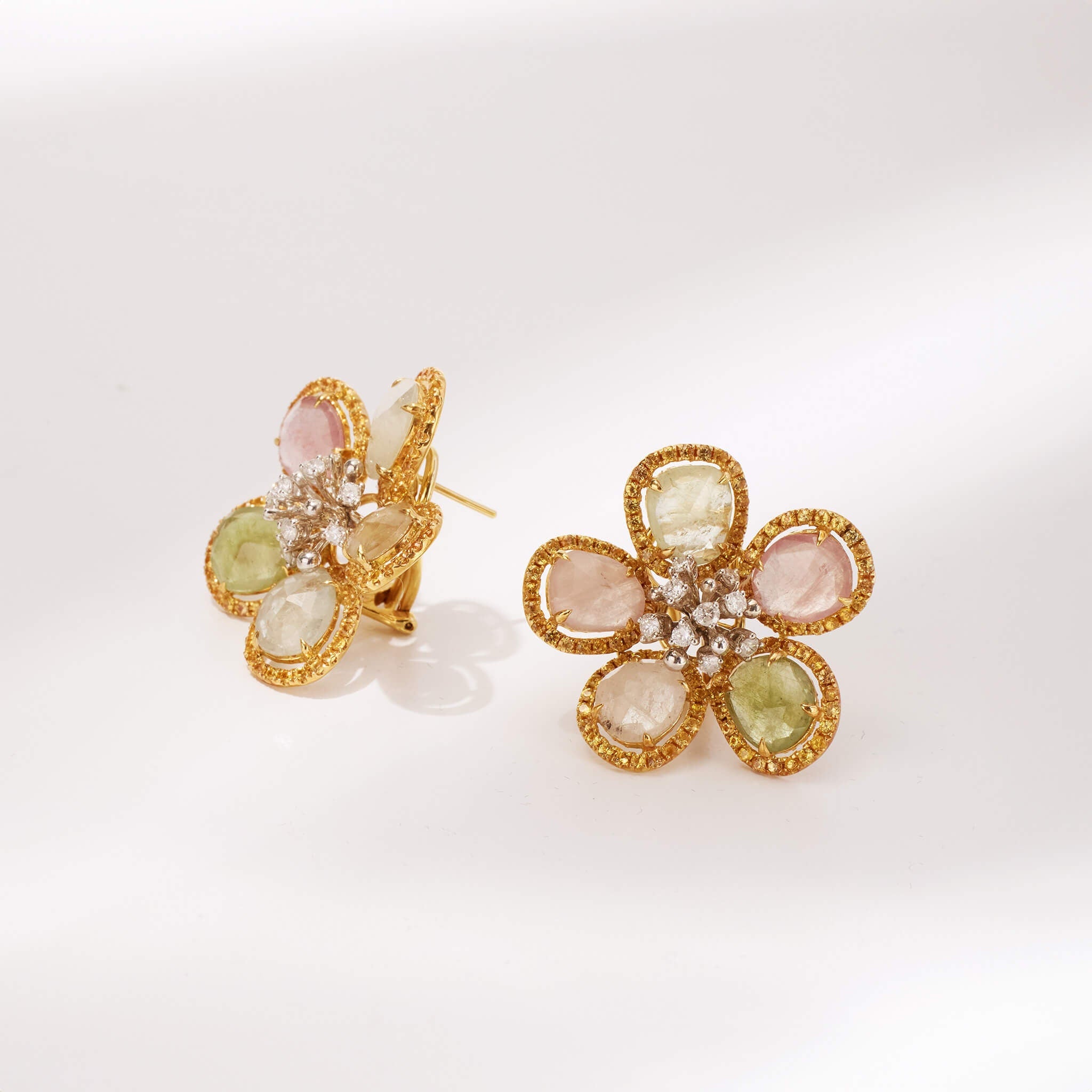 18K Gold Raw Sapphire and Diamond Flower Earrings