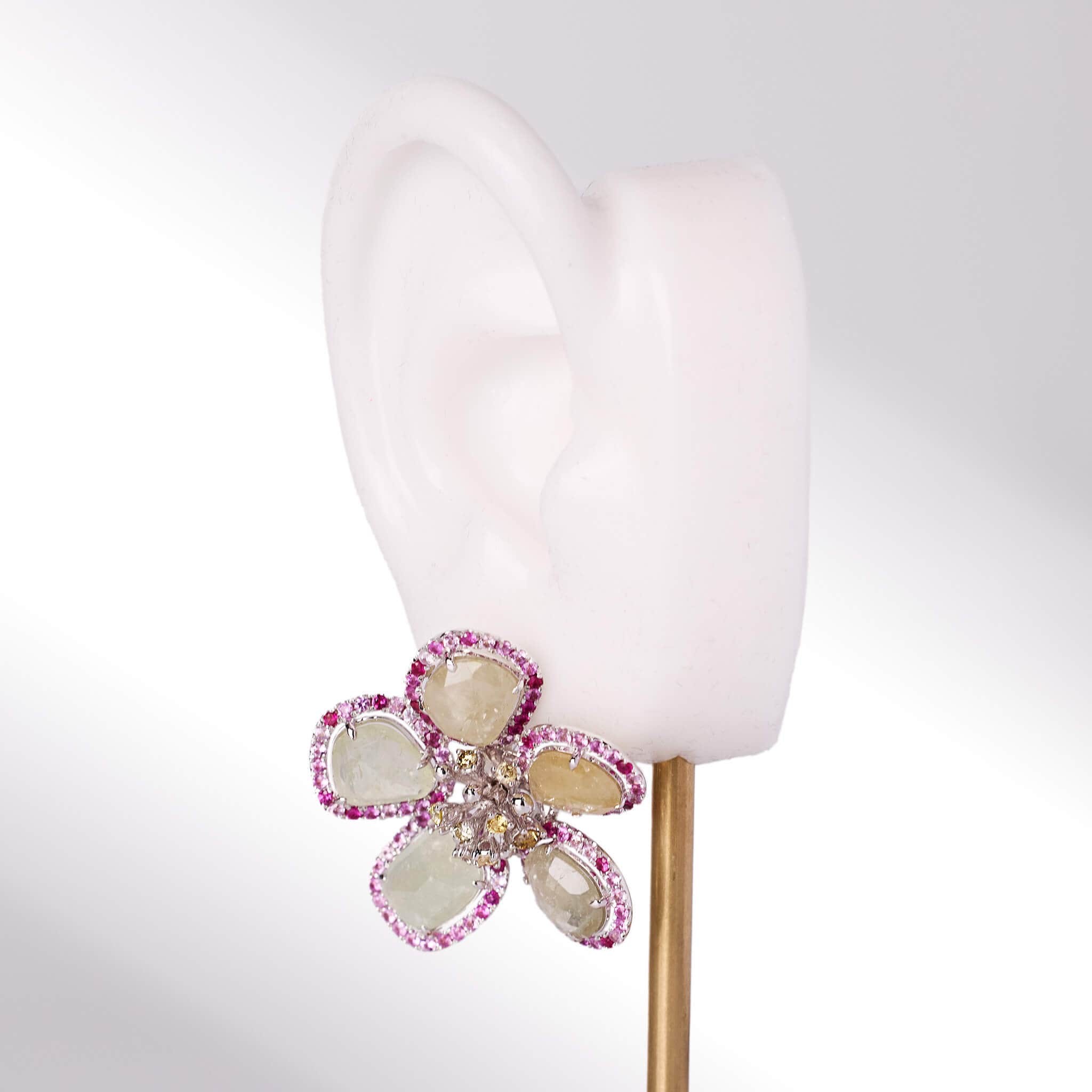 18K Gold Raw Sapphire and Diamond Flower Earrings
