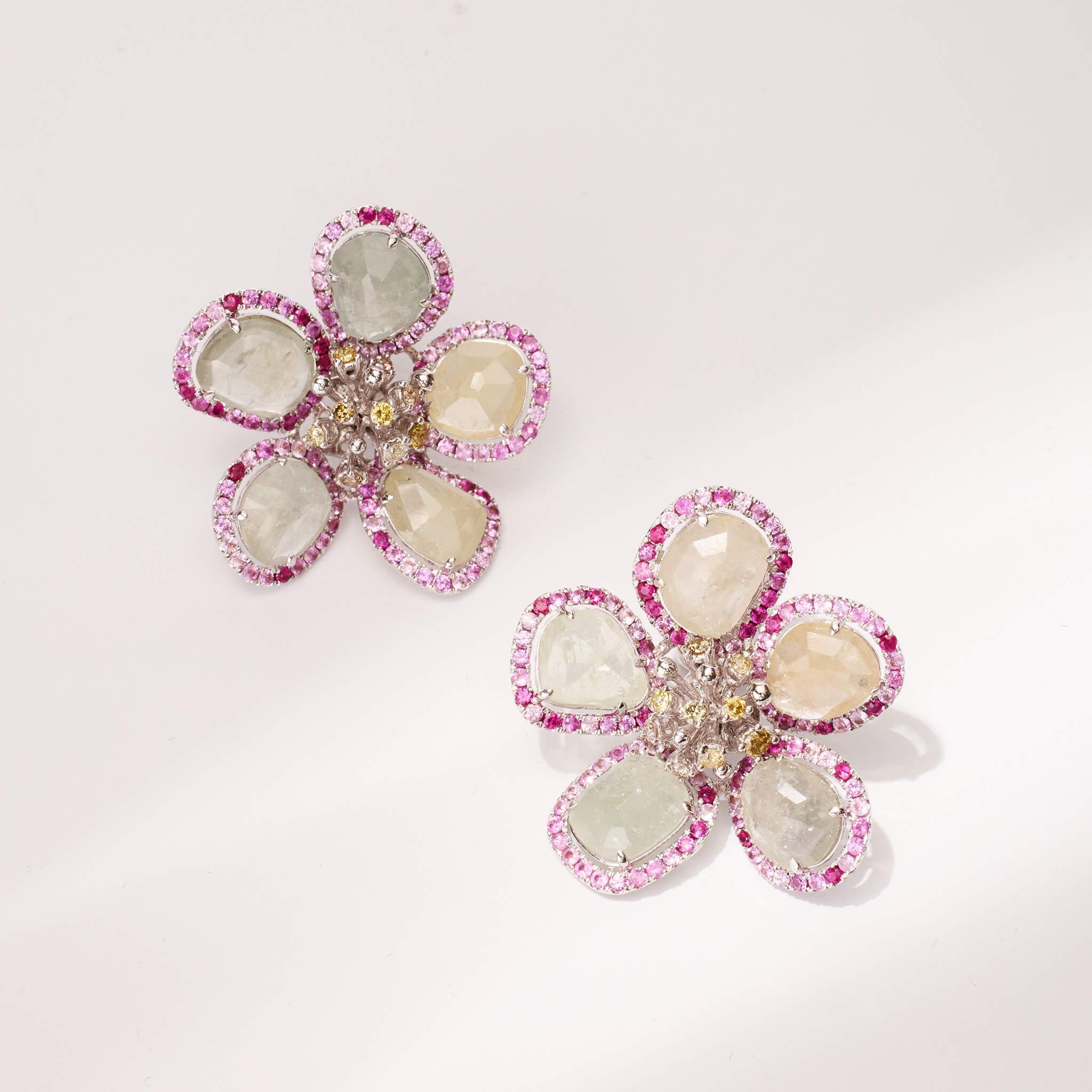 18K Gold Raw Sapphire and Diamond Flower Earrings
